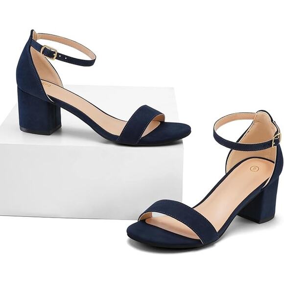 Mysoft Womens 9 Navy Blue 2.25" Chunky Heel Open Round Toe Ankle Strap Shoes - Picture 4 of 7